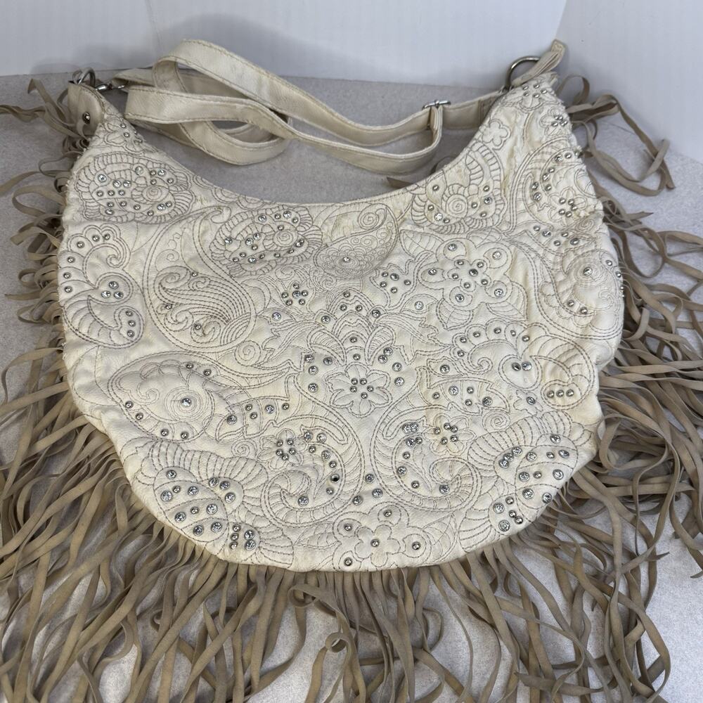 Vintage Womens Western Boho Fringe Ivory Colored‎ Purse Bejeweled Zipper